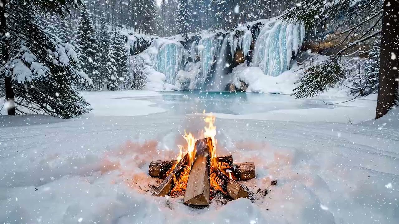 Calm Campfire by a Winter Waterfall ❄️🔥 Peaceful Snowfall & Relaxing Nature Sounds | Ambience