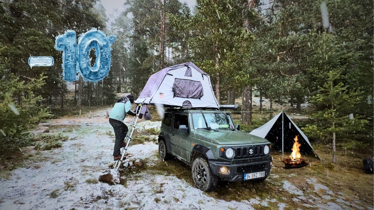 Winter Camping in Heavy Snow with Suzuki Jimny - Rooftop Tent & Hot Tent