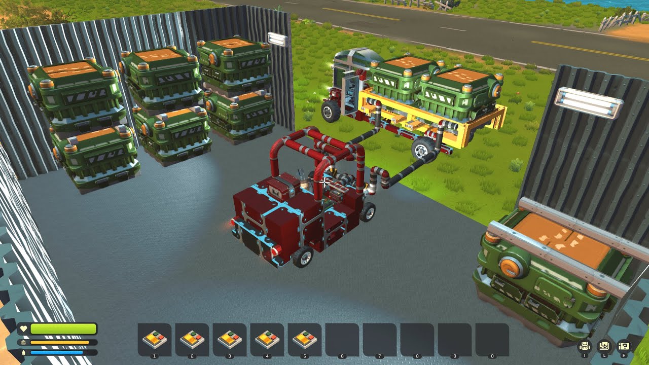 Scrap Mechanic: Loading of crates with a forklift, transporting crates to the warehouse by truck