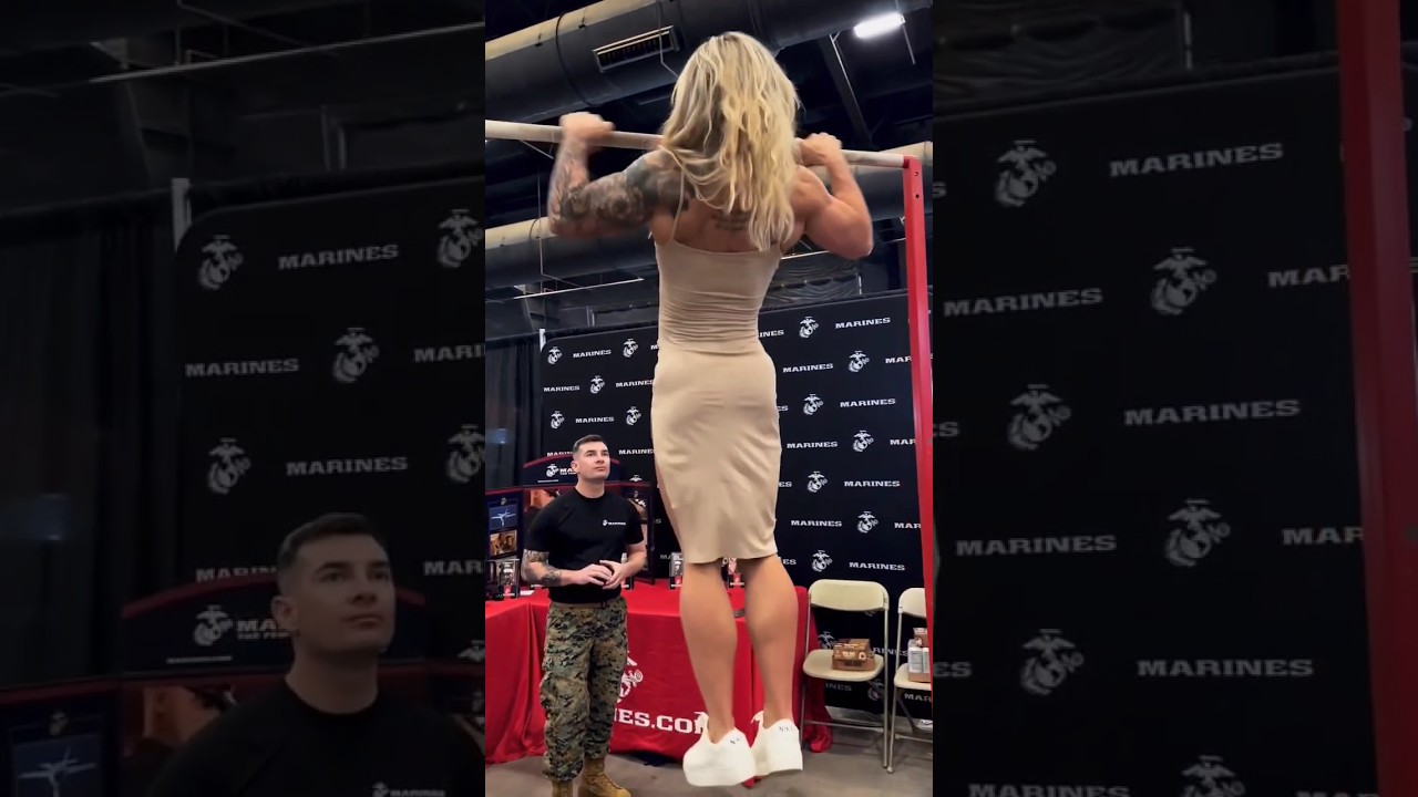 Shredded girl in Dress Performing Pull Ups #fitgirl #crossfit #armygirl