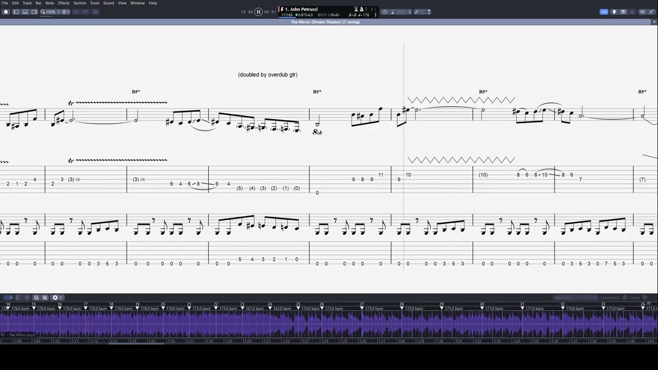 The Mirror (Dream Theater) sync'd guitar & bass transcription with on-screen notation/tab