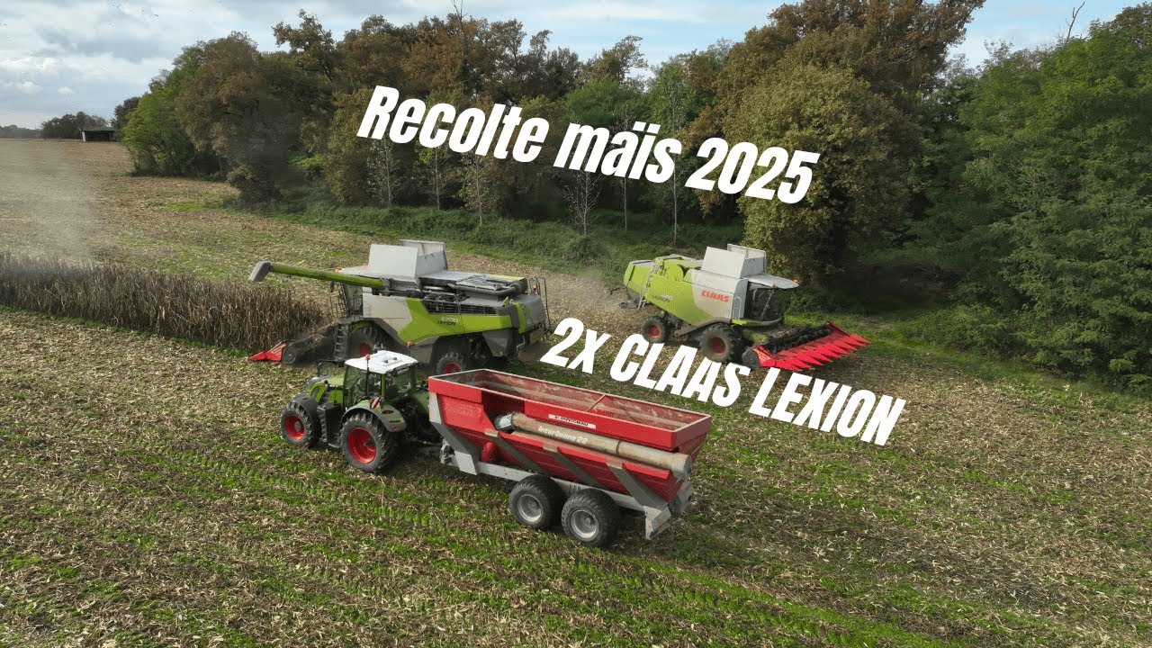 Récolte de mais🌽 2xclaas lexion💨 18rangs 🔴transbordeur perard