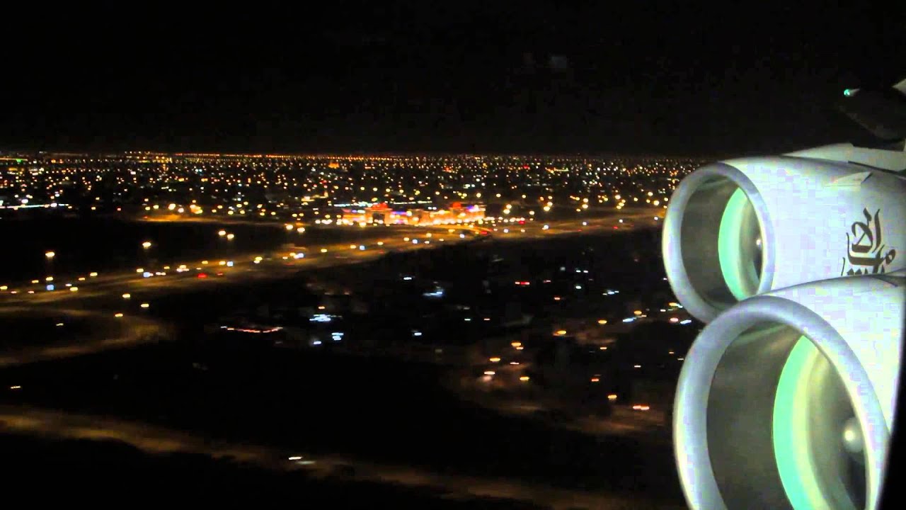 Dubai Airport Landing Emirates A380 Onboard Engine View Night 2013