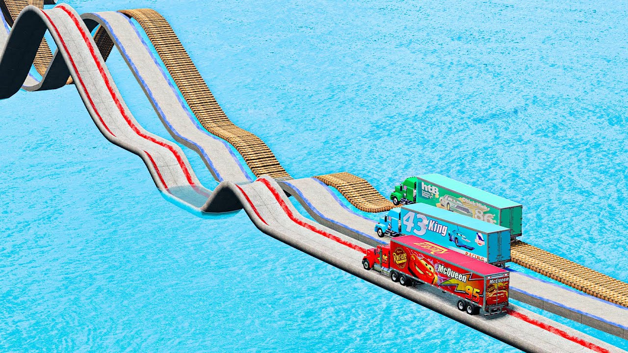 Mack Truck vs King Dinoco Truck vs Chick Hicks Truck vs Impossible Wave Bridge and Log -BeamNG.Drive