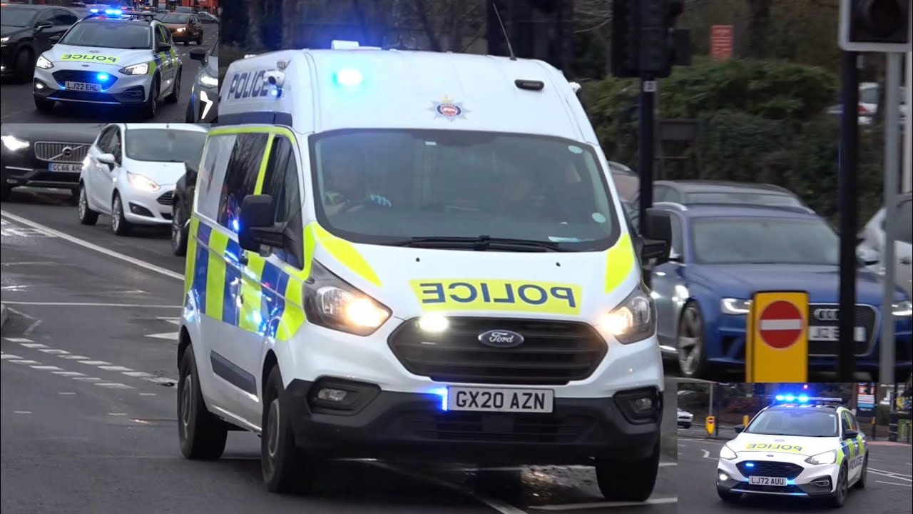 Multiple Surrey Police, Neighbourhoods Policing Team, response vehicles, responding to Custody.