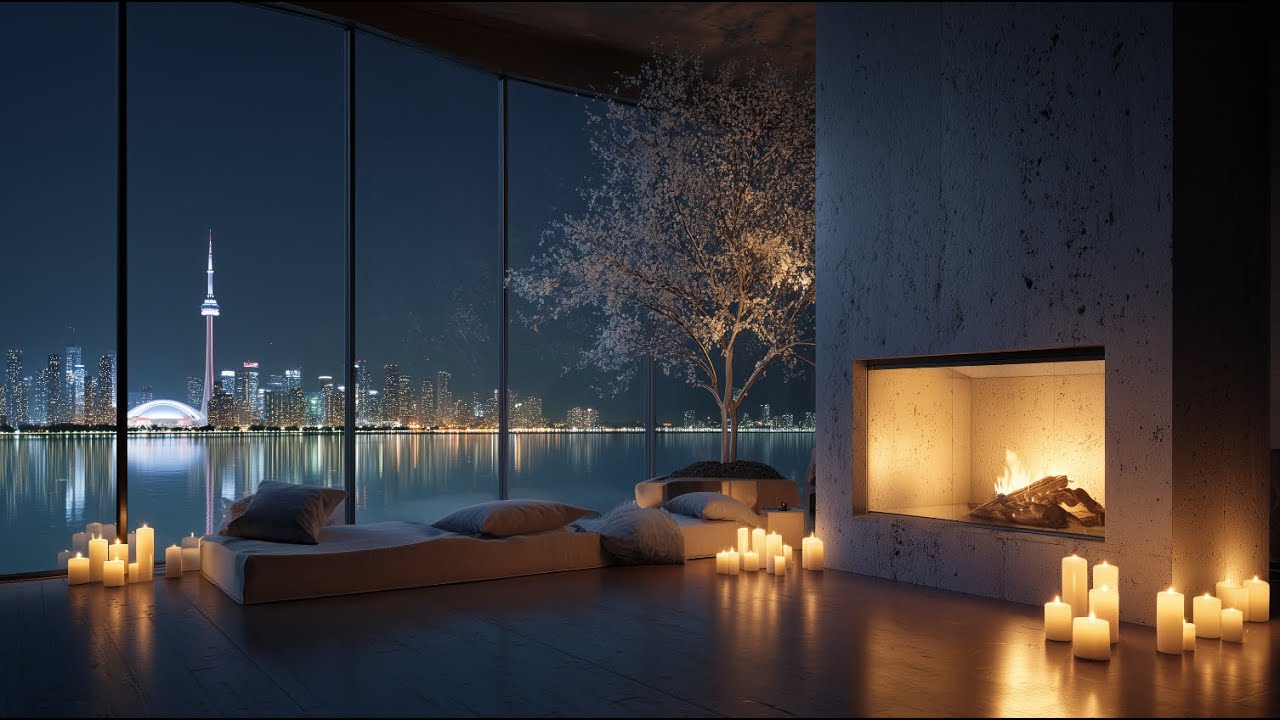 Toronto Night Ambience 🌃 | CN Tower | Luxury Lakeside| Fireplace 🔥 4H 4K | For Sleep, Study & Relax