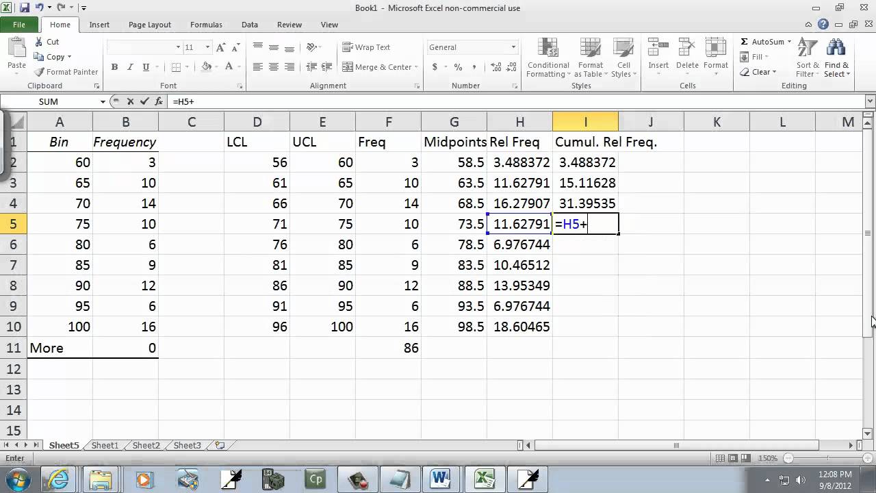 Elementary Statistics Lab Using Excel: Find Midpoints, Freq, Rel Freq, Cumul. Freq, Cumul. Rel. Freq