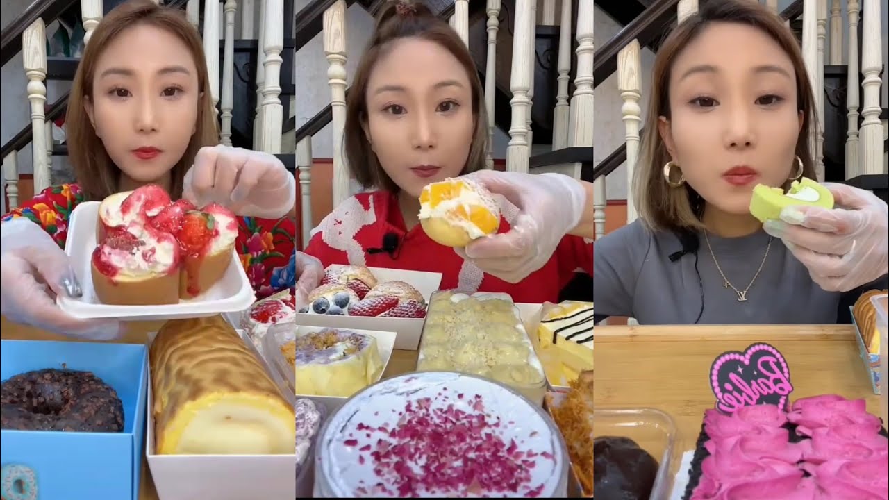 Mukbang Asmr | Towel Roll Cake,🍓Strawberry Cake,🍠Taro Cake,🧁Cream Cake,Creamy Puff,Jar Cake
