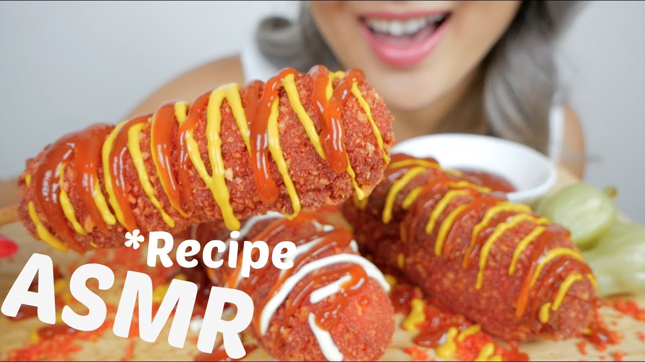 Hot Cheetos Mozzarella Corn Dog *RECIPE | ASMR *Soft, Crunchy Eating Sounds | N.E Let's Eat
