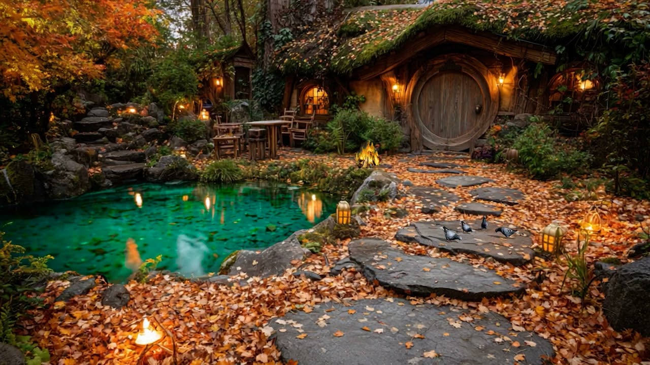 Cozy Hobbit Village - Soothing Autumn Sounds - Natural Sounds of Water and Fireplace
