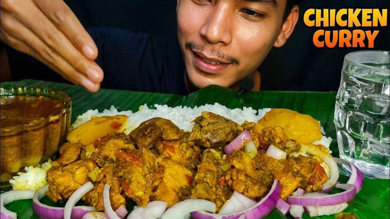 MUKBANG:VILLAGE STYLE SIMPLE KADAI CHICKEN CURRY WITH RICE AND EXTRA GRAVY || ASMR VIDEO