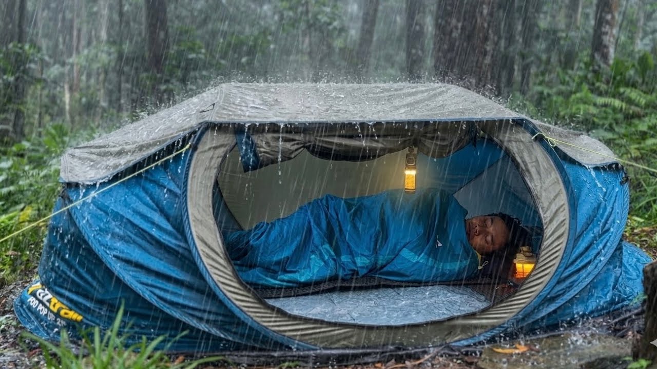 Small Tent Hit by Heavy Rain || Long Heavy Rain Camping until Morning