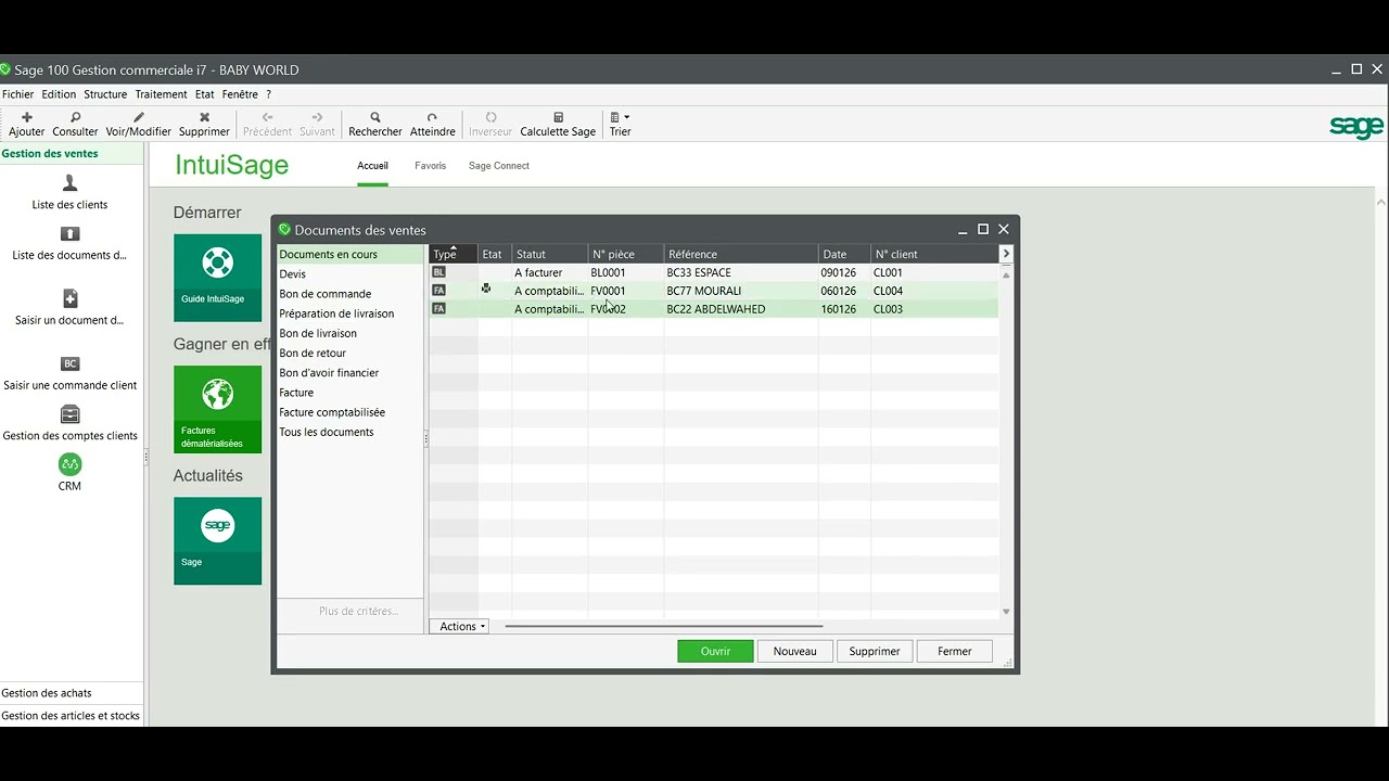26 SAGE I7 GESTION COMMERCIALE: CORRECTION DU CAS BABY WORLD   DE AB0001 VERS FV0002