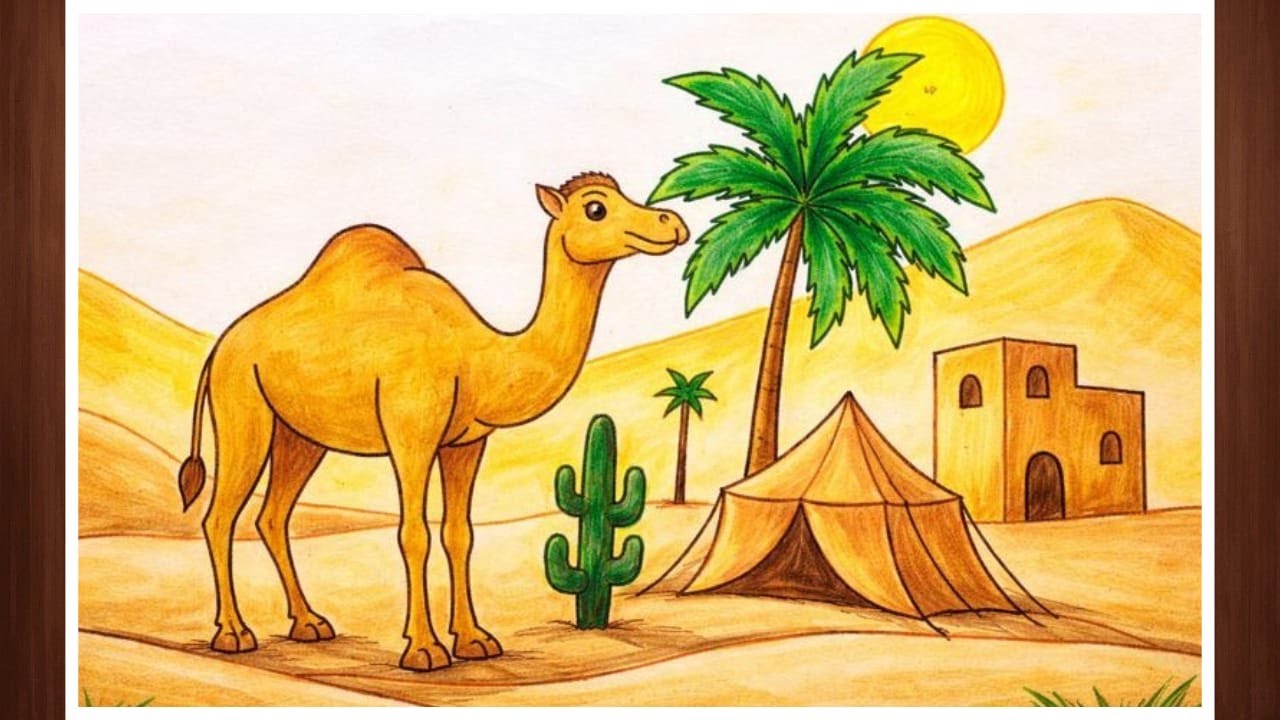 How to draw scenery of Desert with Camel step by step easy