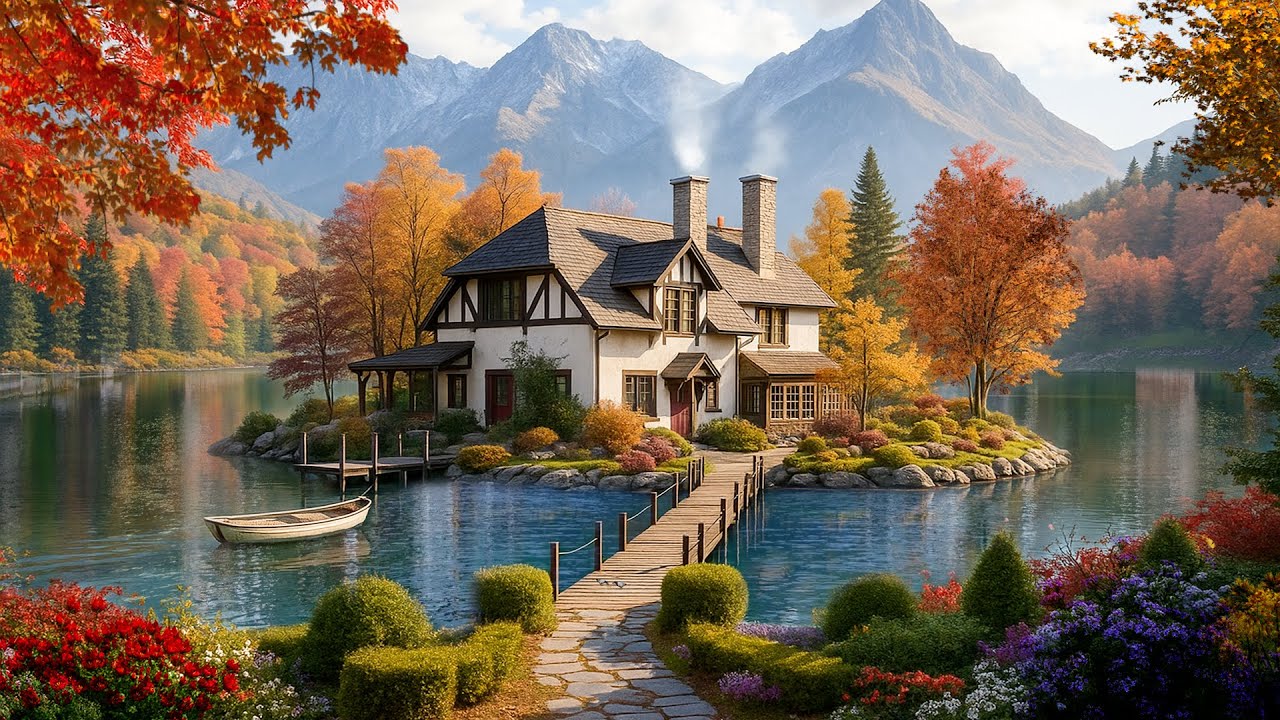 Cozy Autumn Lake Cottage Ambience 🍂🏡 Forest Birds & Gentle Water Sounds