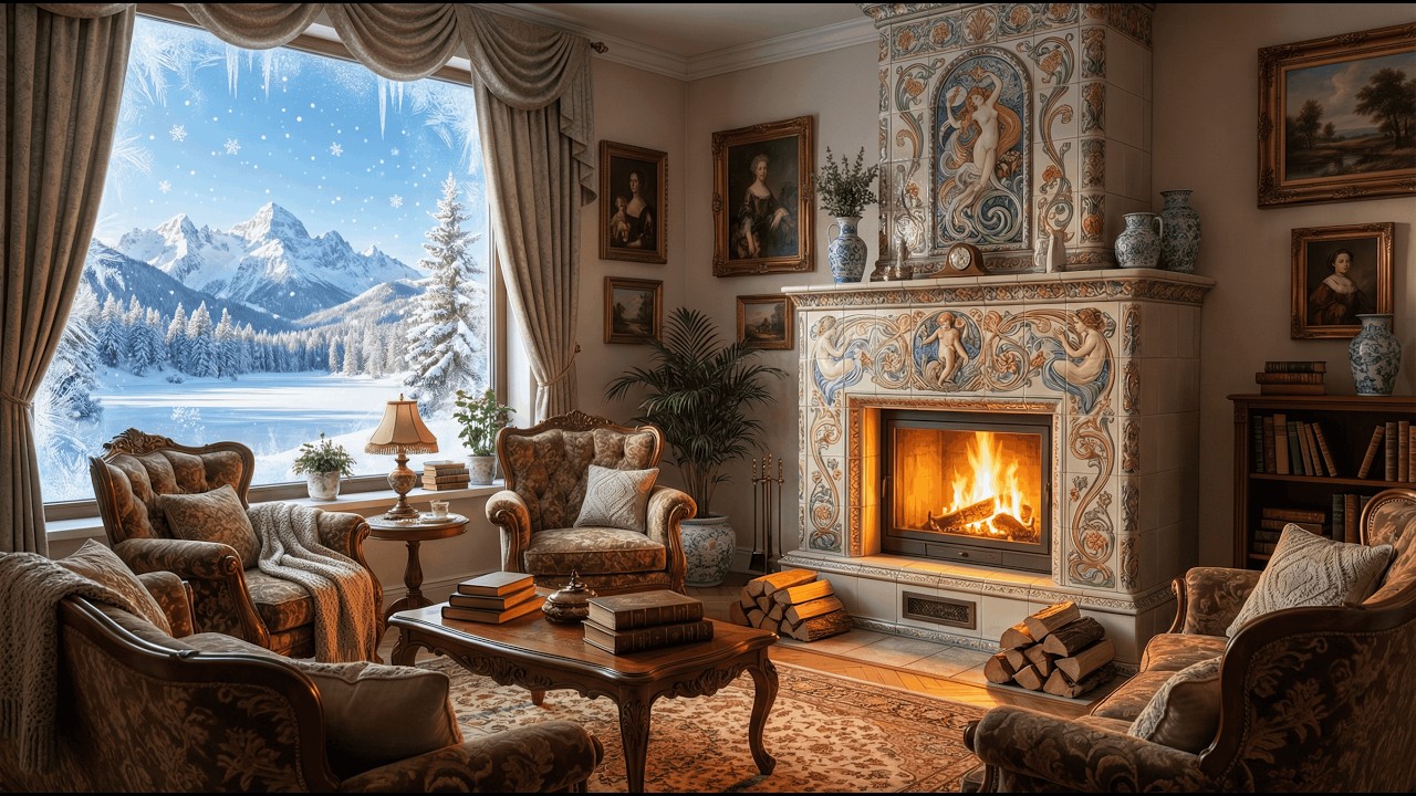 Cozy Winter Fireplace ❄️ Crackling Fire, Snowy Window & Soft Piano Music – Relax, Sleep, Focus