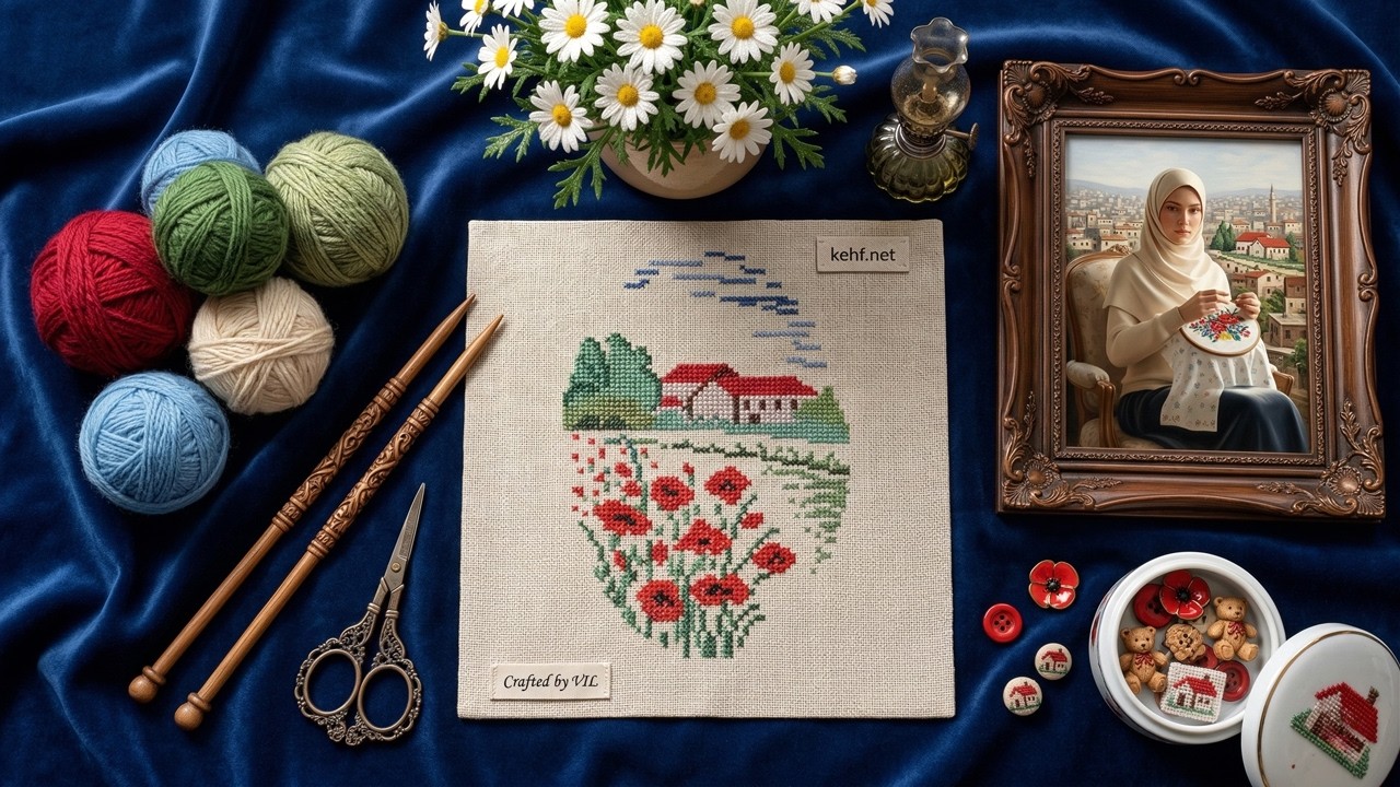 Gelincik Desenli Etamin Tablo | Nostaljik Gelincik ve Ev Temalı Etamin İşleme Tekniği