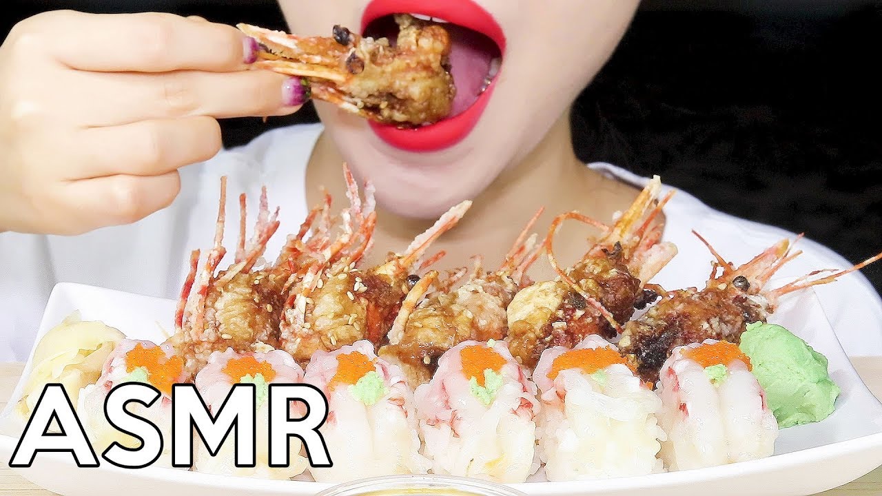 ASMR Sweet Shrimp Sushi+Fried Shrimp Head *BigBites* 생새우초밥+새우머리튀김 리얼사운드 먹방 Eating Sounds