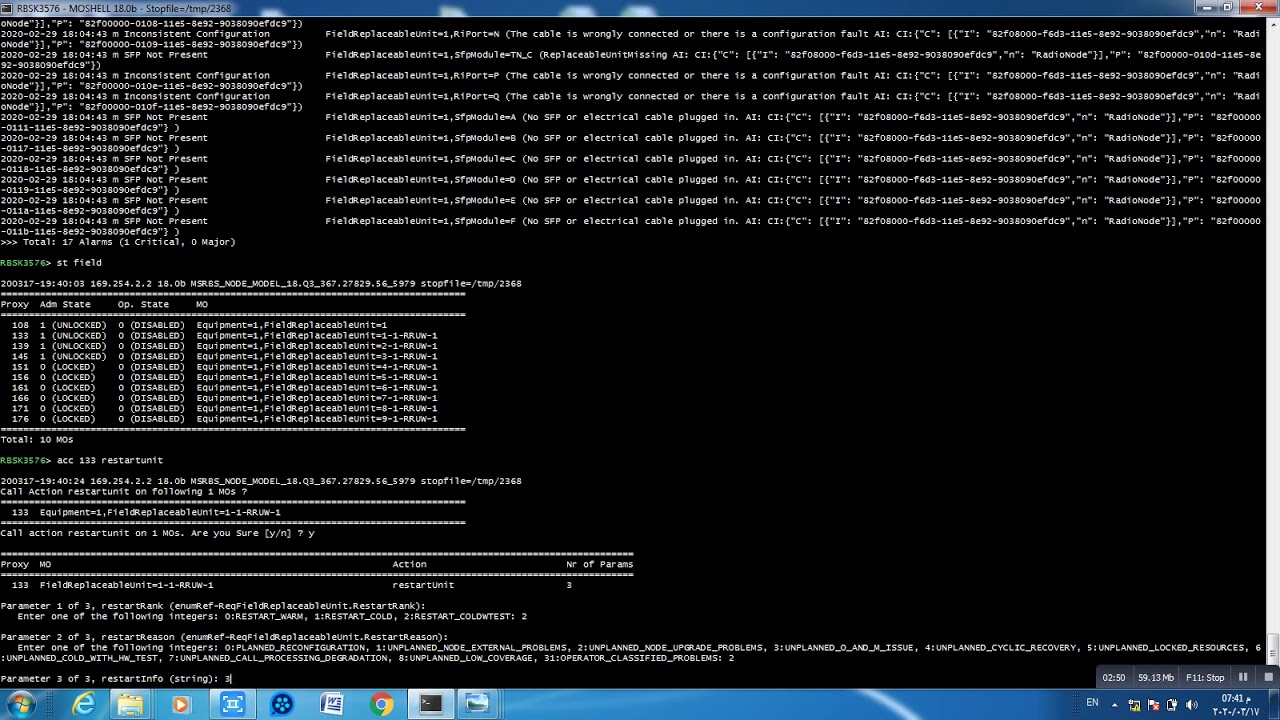 Restart and block RRU on baseband or DUW by moshell