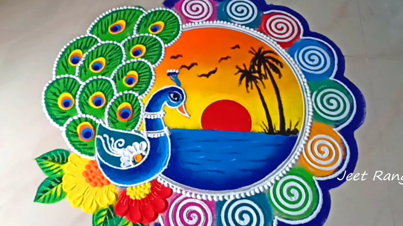Beautiful rangoli with peacock and scenery. Creative and attractive rangoli for Diwali.