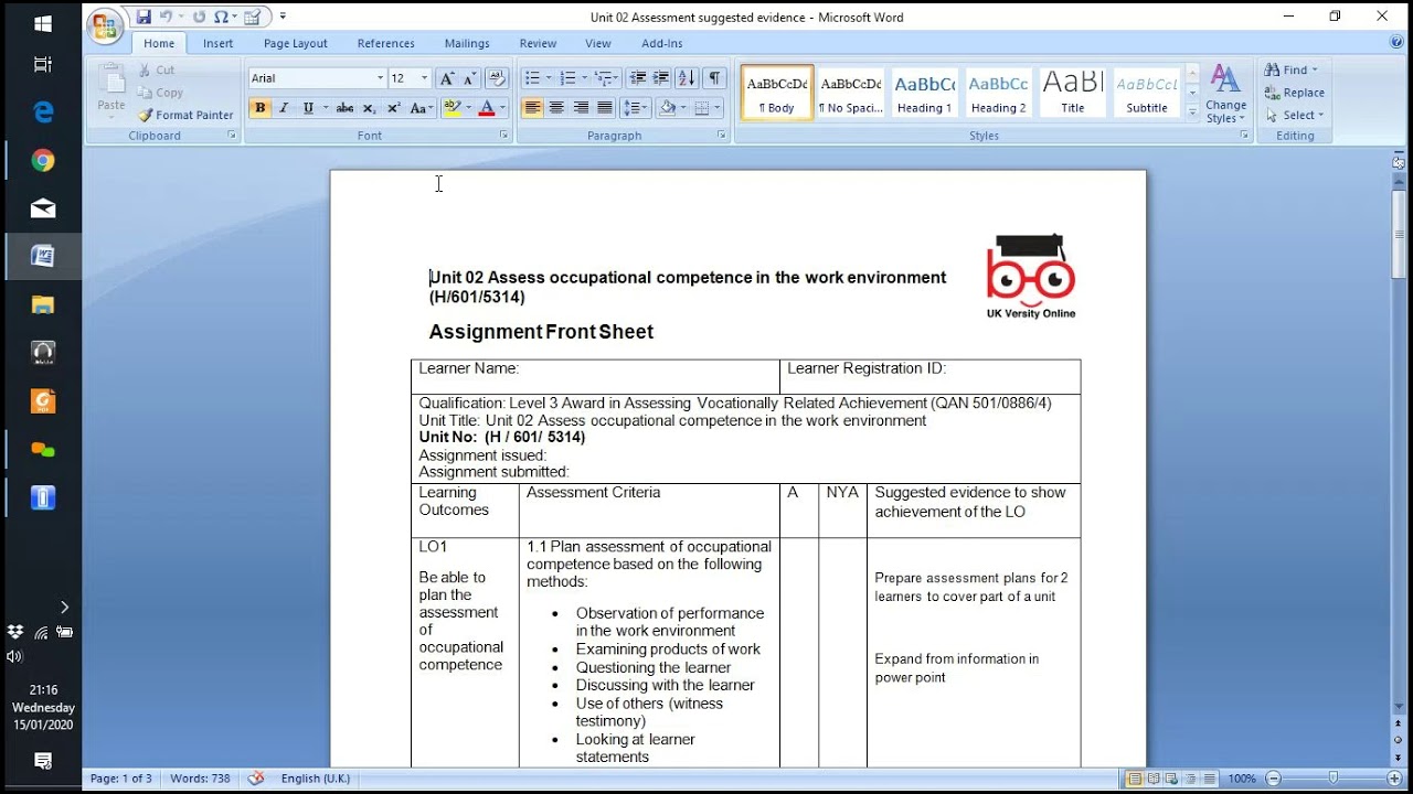 Assessor Level 3 award Unit 2 LO1 and 2 2020 01 15