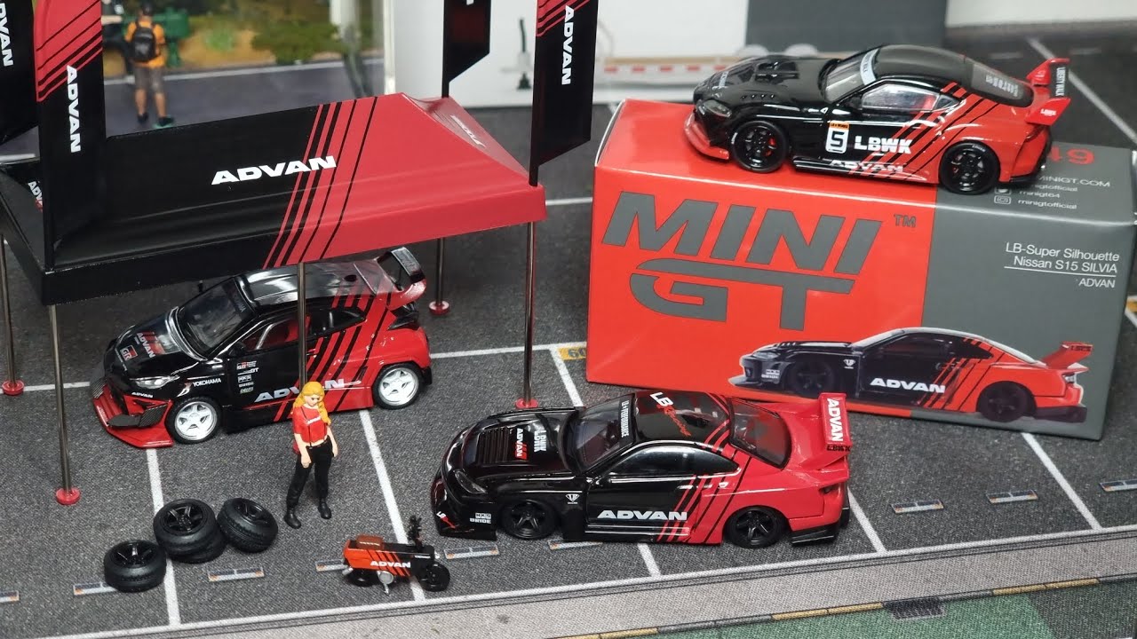 Minigt Advan Nissan Silvia and Paddock service tent with tires set Unboxing Review.