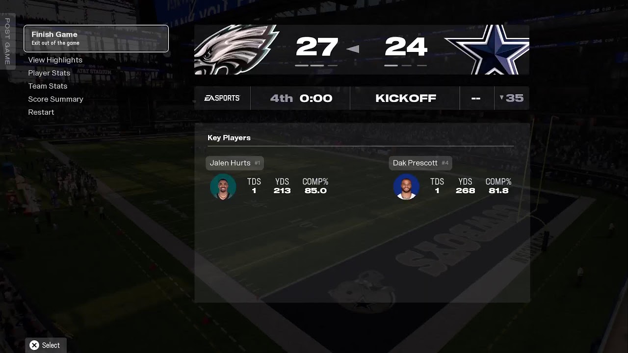 Madden 26 simulation. Week: 12 Cowboys Vs Eagles. *NO COMMENTARY*