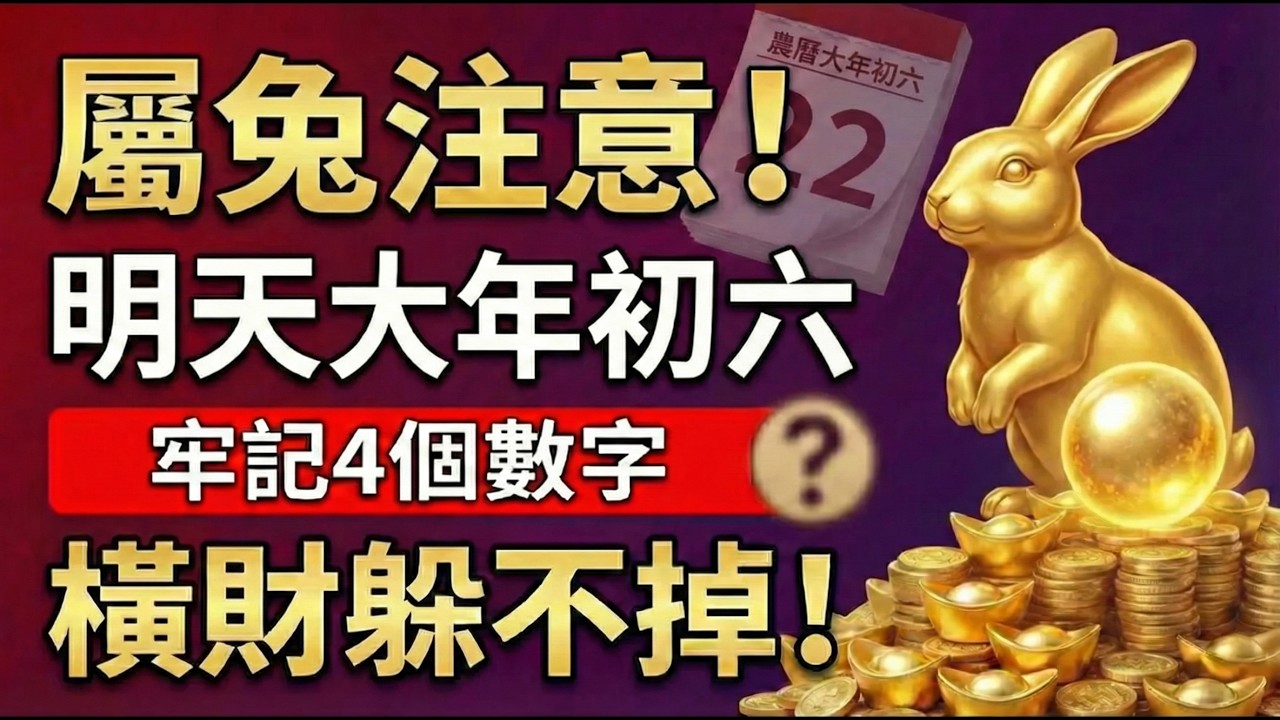 屬兔注意！明天22號「大年初六」送窮日，這4個「橫財密碼」要掌握！讓你橫財擋不住！#屬兔2026運勢 #大年初六 #送窮日 #橫財密碼 #2026生肖兔運勢 #旺財數字 #風水佈局 #財運 #幸運數字