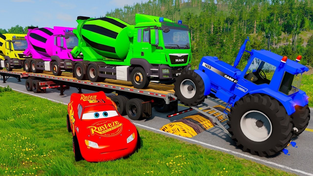 TRANSPORTING PIXAR CARS & FRUITS WITH COLORED & JOHN DEERE vs CLAAS vs TRACTORS - BeamNG.drive #983