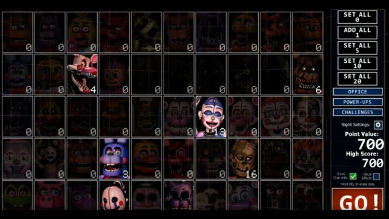 В режиме Ultimate Custom Night Plus выбор персонажей и уровня сложности определяется случайным об...