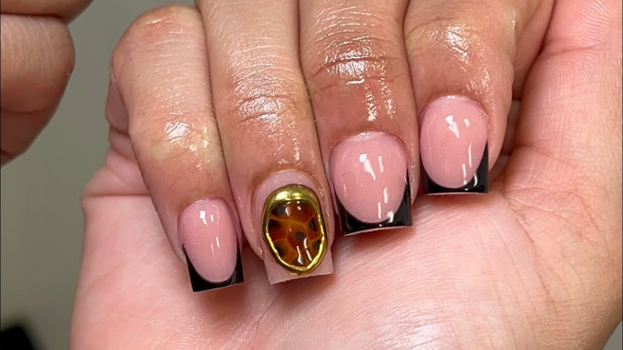 Black French Nails w/ Turquoise Shell Design | Watch Me Work | Black French | Full Set