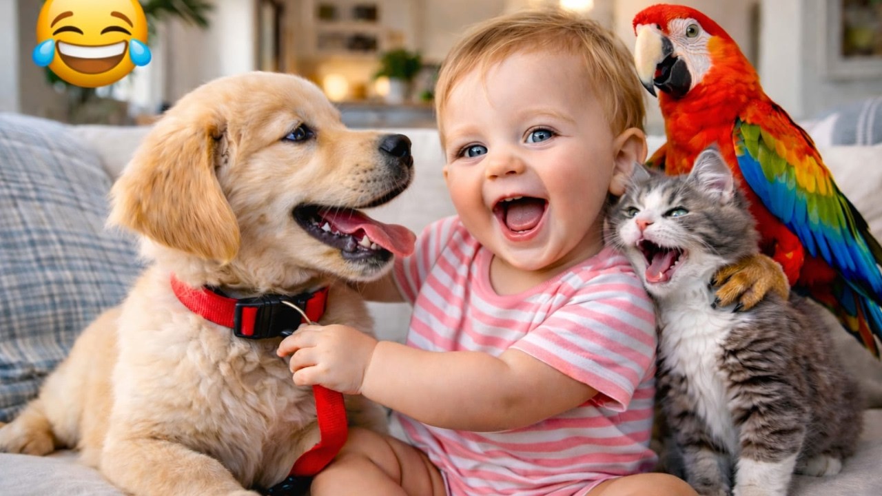 What happened when puppies, parrots, and baby started wrestling? 😂🐾🦜