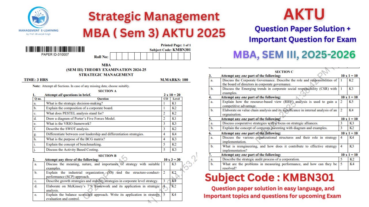 Strategic Management AKTU Question Paper Solution 2025 with important Topics for coming Exam .