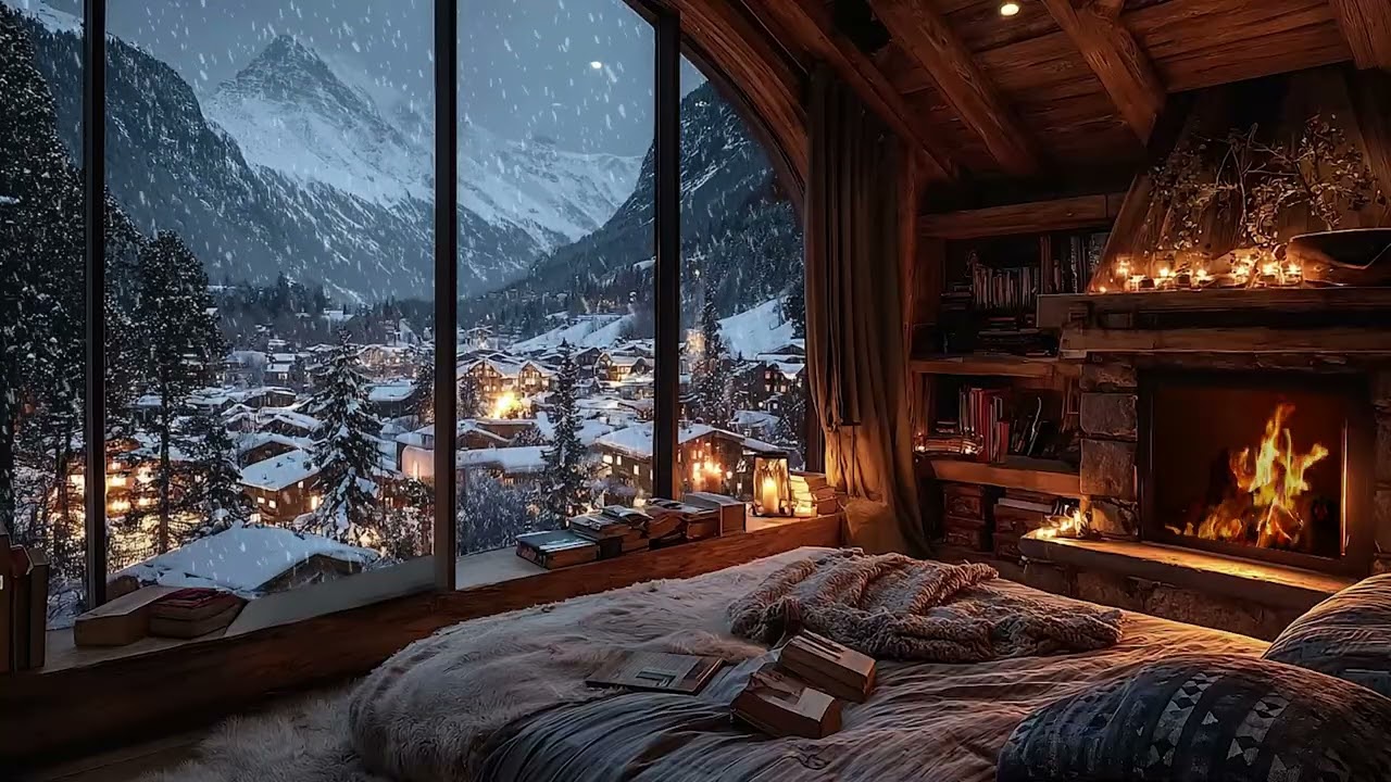 Tranquil Snowy Night by the Fire in a Wooden Cabin for Sleep, Meditation and Total Calm