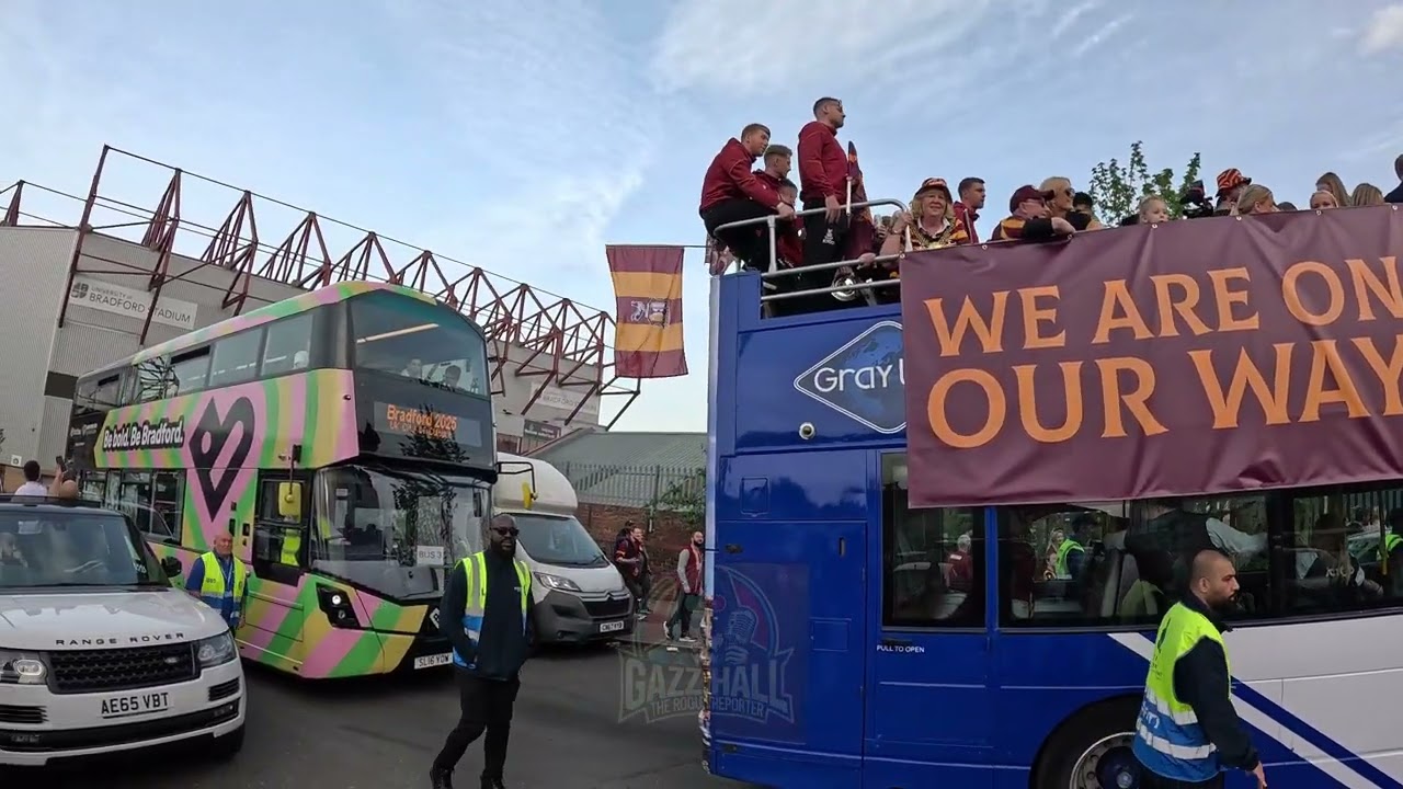 Bradford City FC Parade bus leaving Valley Parade 2025 - Ground video