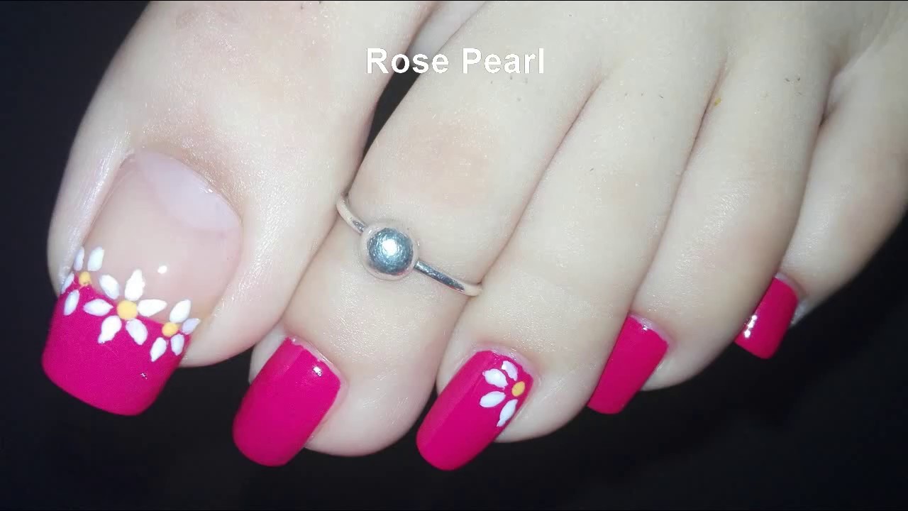 Fuchsia Floral French Pedicure Nail Art- Easy Flower Toe Nail Art for Spring and Summer | Rose Pearl