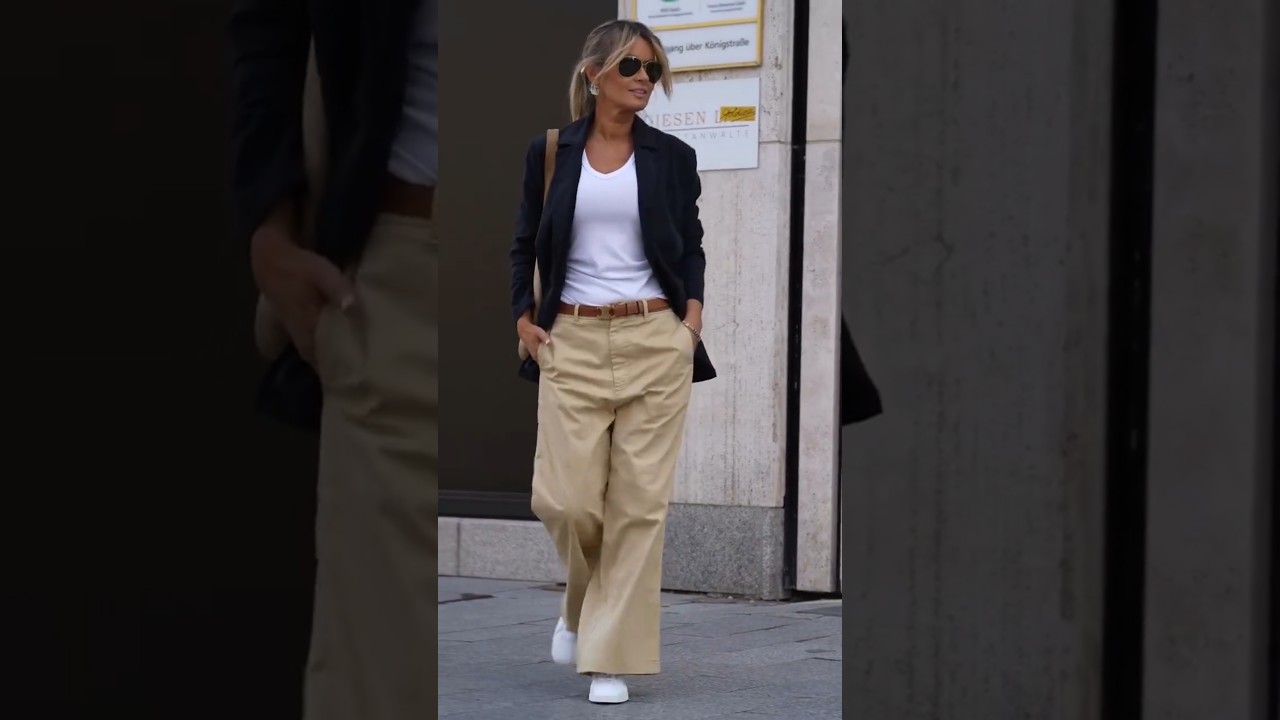 Urban street style: Oversized khaki pants, V-neck tee, and tailored blazer #fashiontrends #ootd