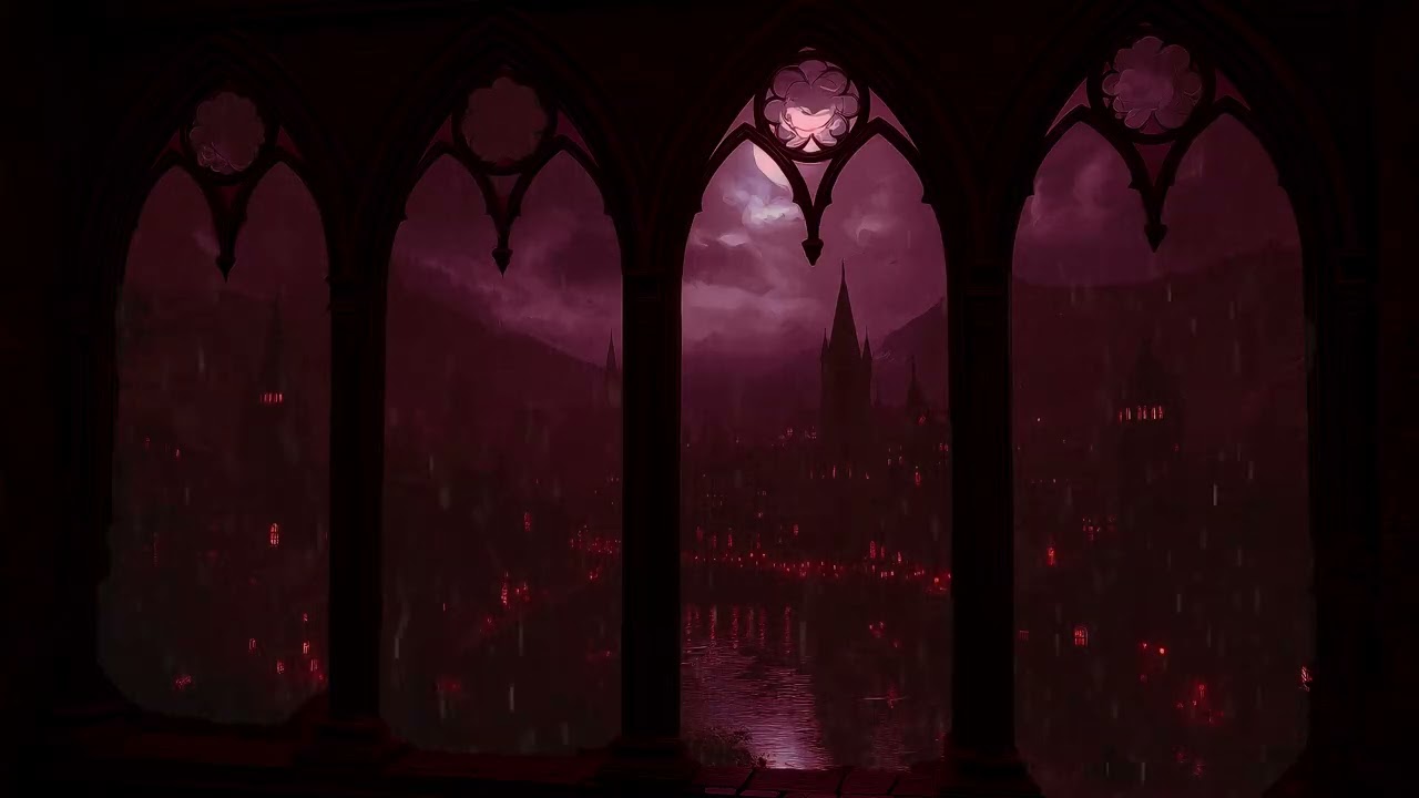 4K Rainy Medieval Castle Window 🏰 Thunderstorm Sounds for Deep Sleep and Relaxing Night Ambience