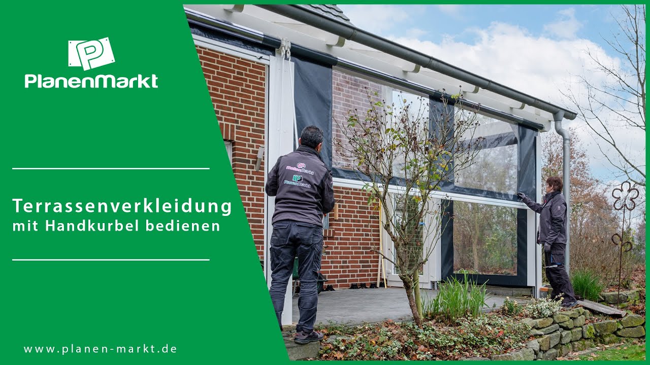 Durchsichtigen Windschutz / Terrassenverkleidung mit Kurbel bedienen | PlanenMarkt
