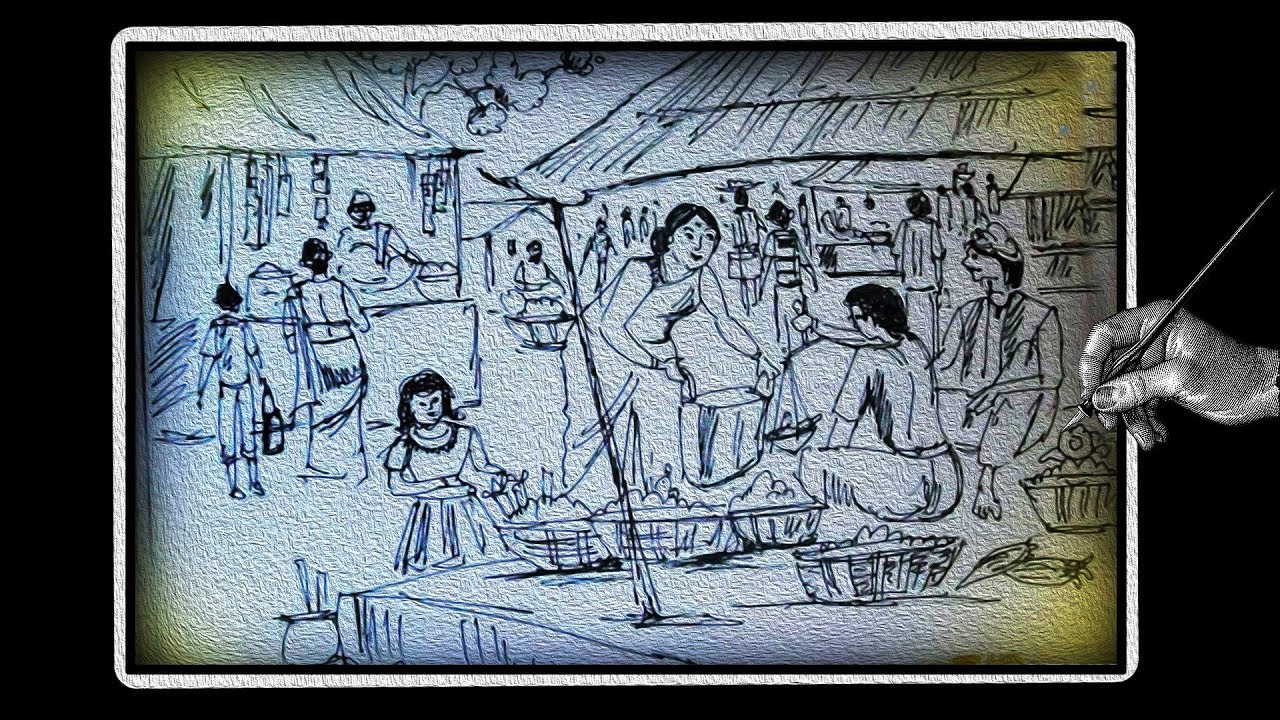 How to Draw Market || Village Market with ballpoint pen || Scenery of village market step by step