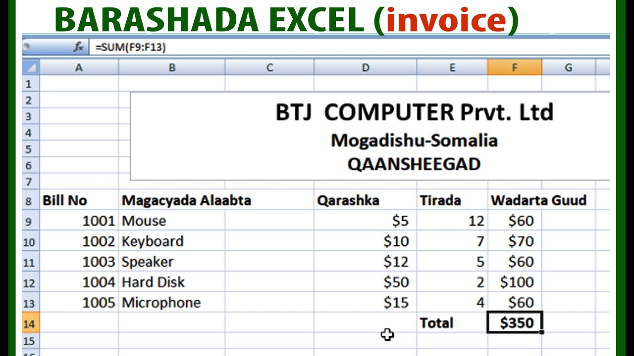 Barashada Excel | Qaansheegad (invoice) Sida Loo Sameeyo | MubarakZ