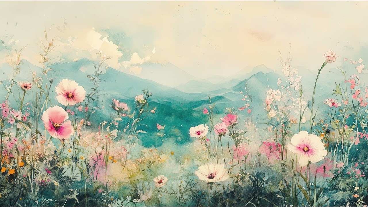 Vintage watercolor flower field and mountains landscape. 1 hour TV Wall Art.