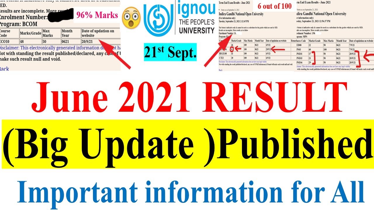 IGNOU JUNE 2021 Exam Result Big Update, Important information For IGNOU Students | Check Your Result