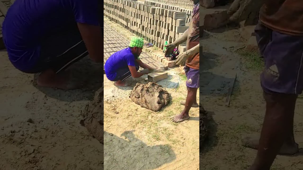 Traditional clay brick making// Old-fashioned handmade brick factory 