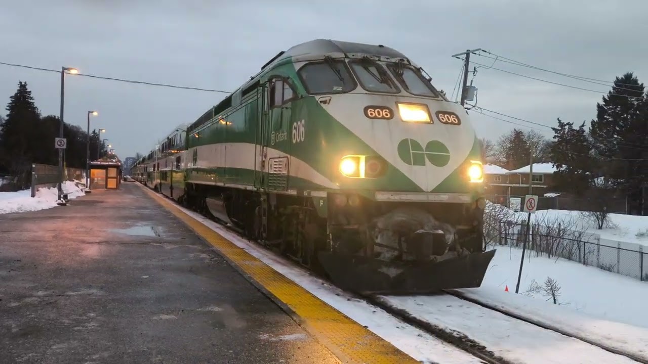 GO Train MP40PH 606 Arriving And Departure Old Cummer GO Station Pulling 10 Cars Train Cab Car 249