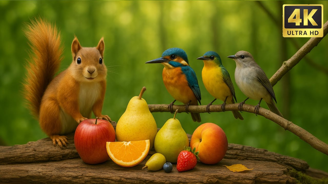 Cat TV in 4K Ultra HD – Squirrels Snack on Fruits with Colorful Birds