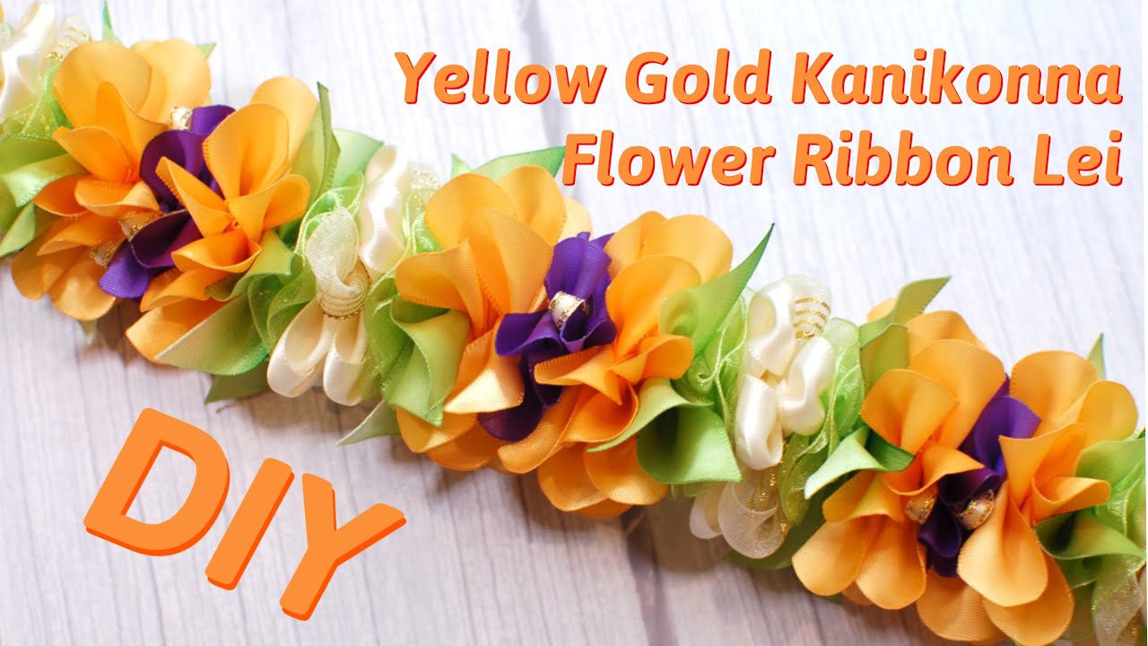 How To Make Yellow Gold KaniKonna and Purple Flower Ribbon Lei