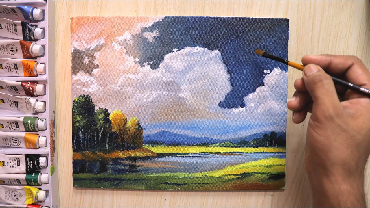 Acrylic painting of rainy season cloudy landscape