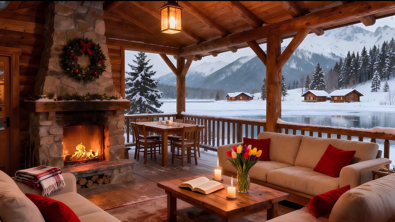 ⛄Smooth Jazz Instrumental Music & Fireplace Sounds,Warm Winter Jazz Music at Lakeside Porch Ambience