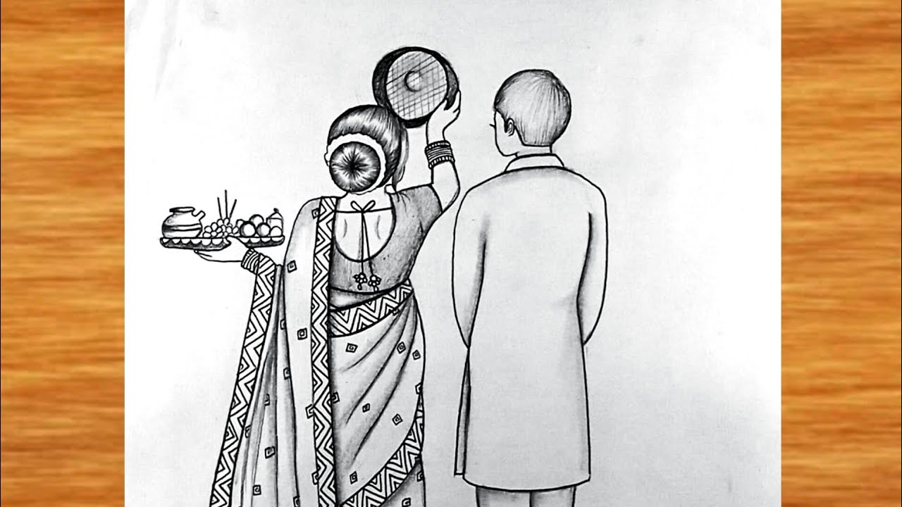 Karva chauth Drawing || Couple celebrate karva chauth || Karva chauth vrat ka chitra || couple Draw 